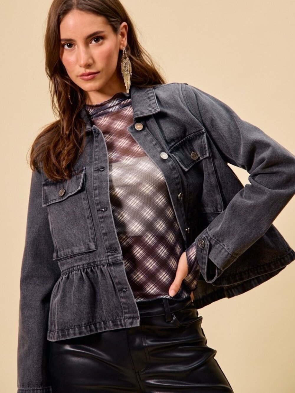 Denim Peplum Hem Front Button Jacket With Pockets - Picture 5 of 7